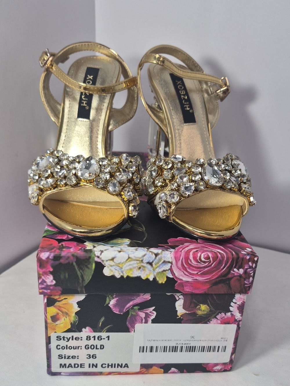 Gold Jeweled Open-Toe Ankle-Strap Women's Heels